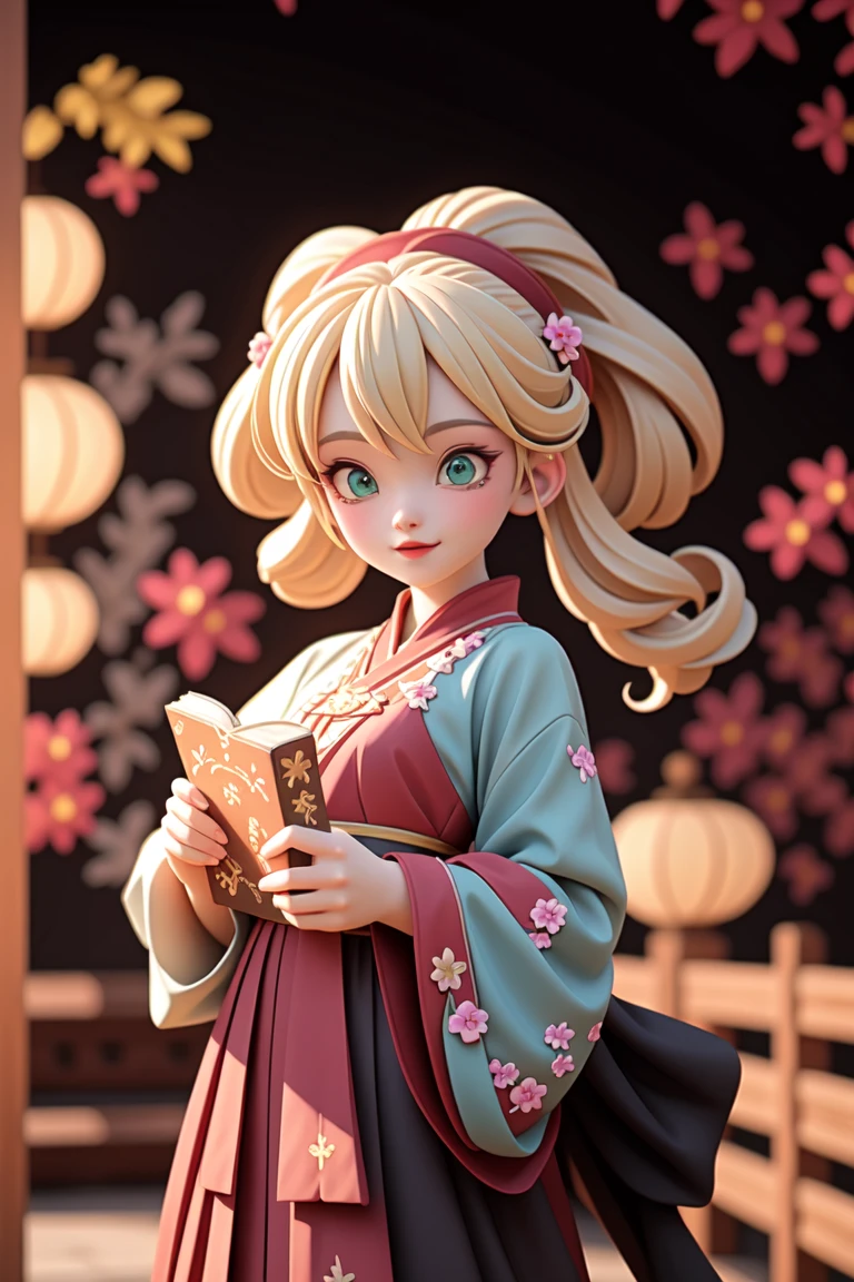 an epic colorful book cover of a 20th century young Blonde 20 year old Swedish witch, green eyes, transported in Tang Dynasty times in ancient China, European face, Tang dynasty clothes, wearing colorful red hanfu, neutral expression, holding a shining magic book, in a palace room, masterpiece, best quality, trending on artstation, intricate details, eerie magical atmosphere, sparkles, epic background, Chinese palace in the background, magic sparkles, magical atmosphere