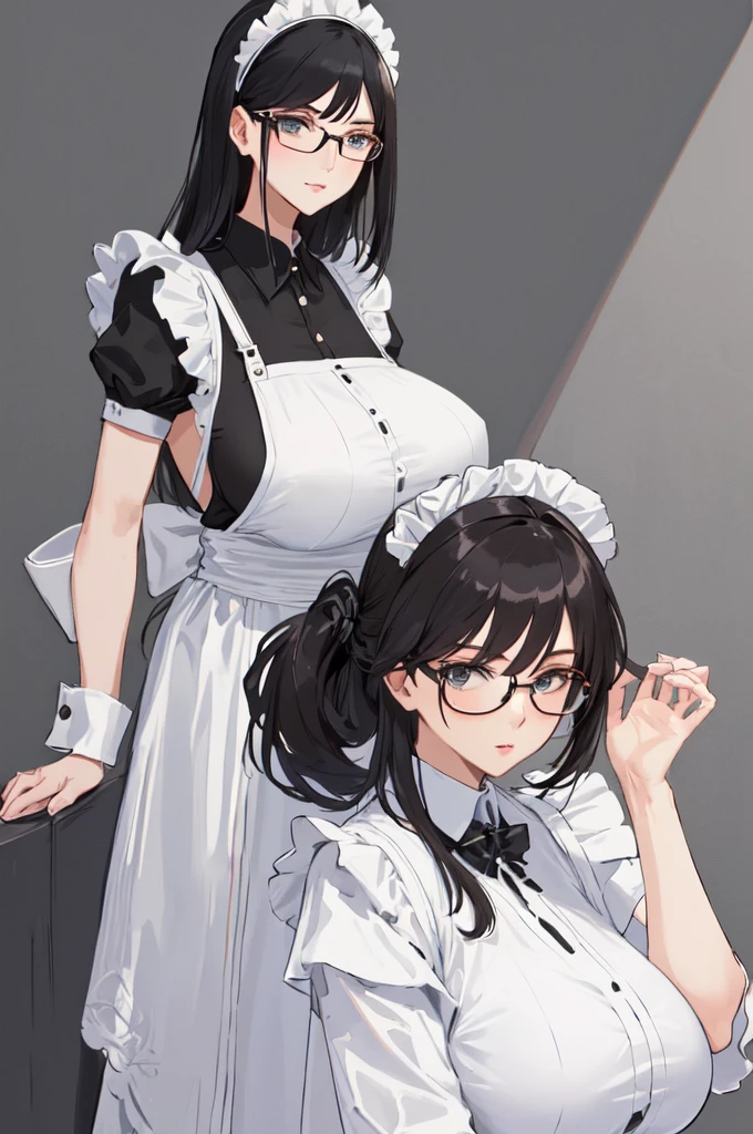 {{masterpiece}},high quality, 4K, 2D, 1 girl,{simple gray background},(attractive mature lady:1.6),milf,standing,sagging breasts,(gigantic breasts:1.5),maid,front face,{{tareme}},attractive mature lady,black hair, {from right in front of face and body},View viewers from front,{front facing shot},Wear glasses,(serious:0.1)