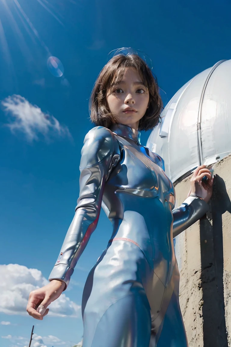 (((背景に雲がある青い空))), ウルトラマン、現実的、現実的、映画照明, 光沢のある赤と銀のスーツを着た女の子、1、プロの写真, 日本人モデル, 日本語CGI、ウルトラマン Suit、タイトで薄いサイバースーツ, 全身がゴムのように柔らかい, 巨乳、小さなお尻、細い太もも、細い腕、細いウエスト、、サイバースーツの両面が肌に密着する、大きな目、前を向いて、前を向いて、胸には光る球体が埋め込まれている.