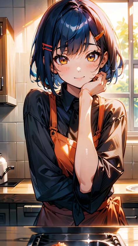 1 girl、anime images、kitchen in the morning、delicious food、shrimp、shiny dark blue hair、short bob hairstyles、tie your hair with an...