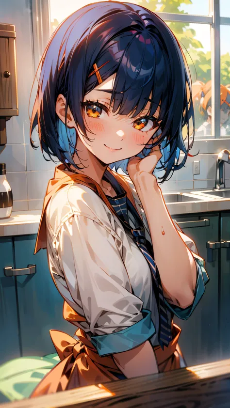 1 girl、anime images、kitchen in the morning、delicious food、shrimp、shiny dark blue hair、short bob hairstyles、tie your hair with an...