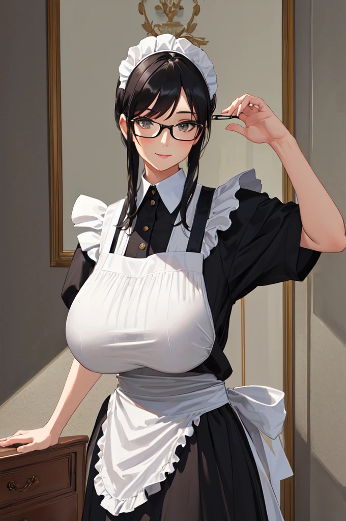 {{masterpiece}},high quality, 4K, 2D, 1 girl,{simple gray background},(attractive mature lady:1.6),milf,standing,sagging breasts,(gigantic breasts:1.5),maid,front face,{{tareme}},attractive mature lady,black hair, {from right in front of face and body},View viewers from front,{front facing shot},Wear glasses,(serious:0.1)