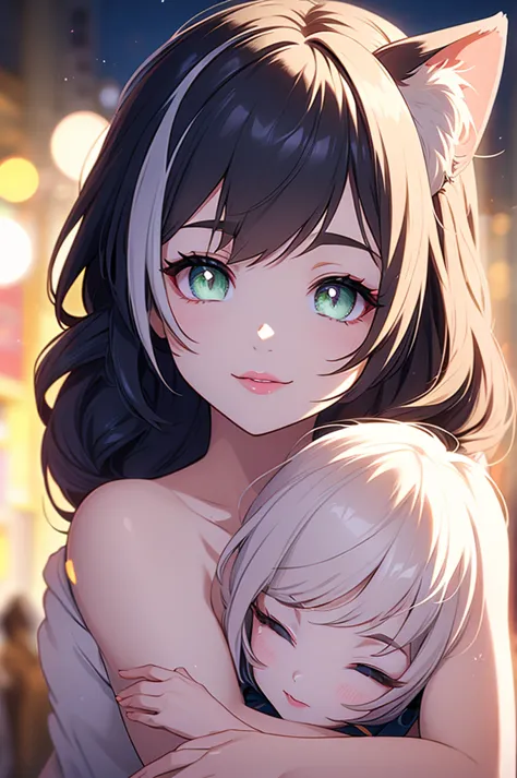 a mother cat girl with her little daughter hugging, mother with huge breasts, daughter with short bob haircut, nude, smiling, be...