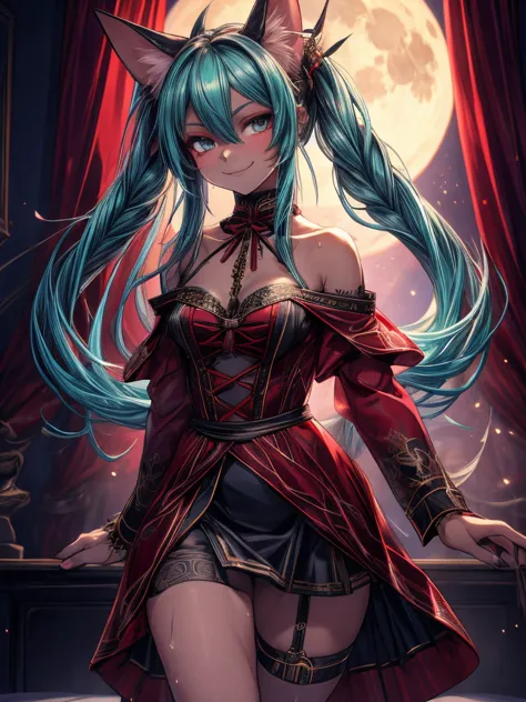 miku hatsune, add high definition_detail:1, tribal tattoo add_detail:1,put on the leg, walking position during full moon showing...