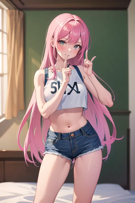 (masterpiece, Best Quality), 1 girl, pink hair, crop top, denim shorts, bedroom, striped thighs. A person is standing with a moc...