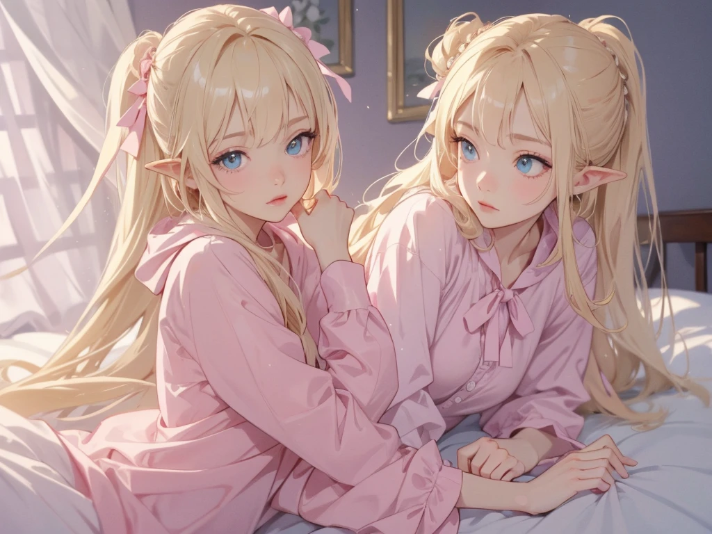 work of art, epic details, ultra detaild, high resolution, blonder woman, beautiful elf, hair tied into an elegant bun, angelic face with soft features, wearing cute and loose pink kigurime pajamas with hoods, delicate and well-defined hands, sleep expression, Scenario: a cozy room, supper: stretching ready to sleep, epic details no rosto, eyes locked, modest and elegant behavior