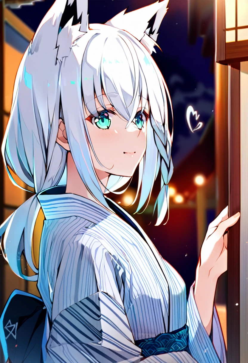 one girl, Shirakami Fubuki, fox ears, white hair, upperbody focus, yukata, beautiful