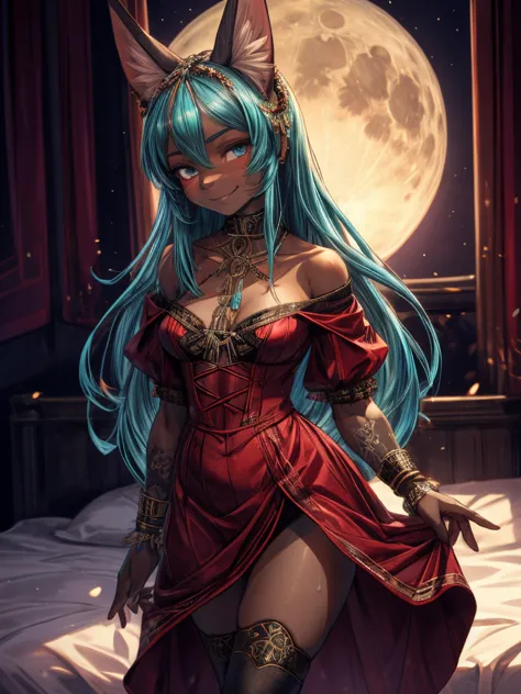 miku hatsune, add high definition_detail:1, tribal tattoo add_detail:1,put on the leg, walking position during full moon showing...