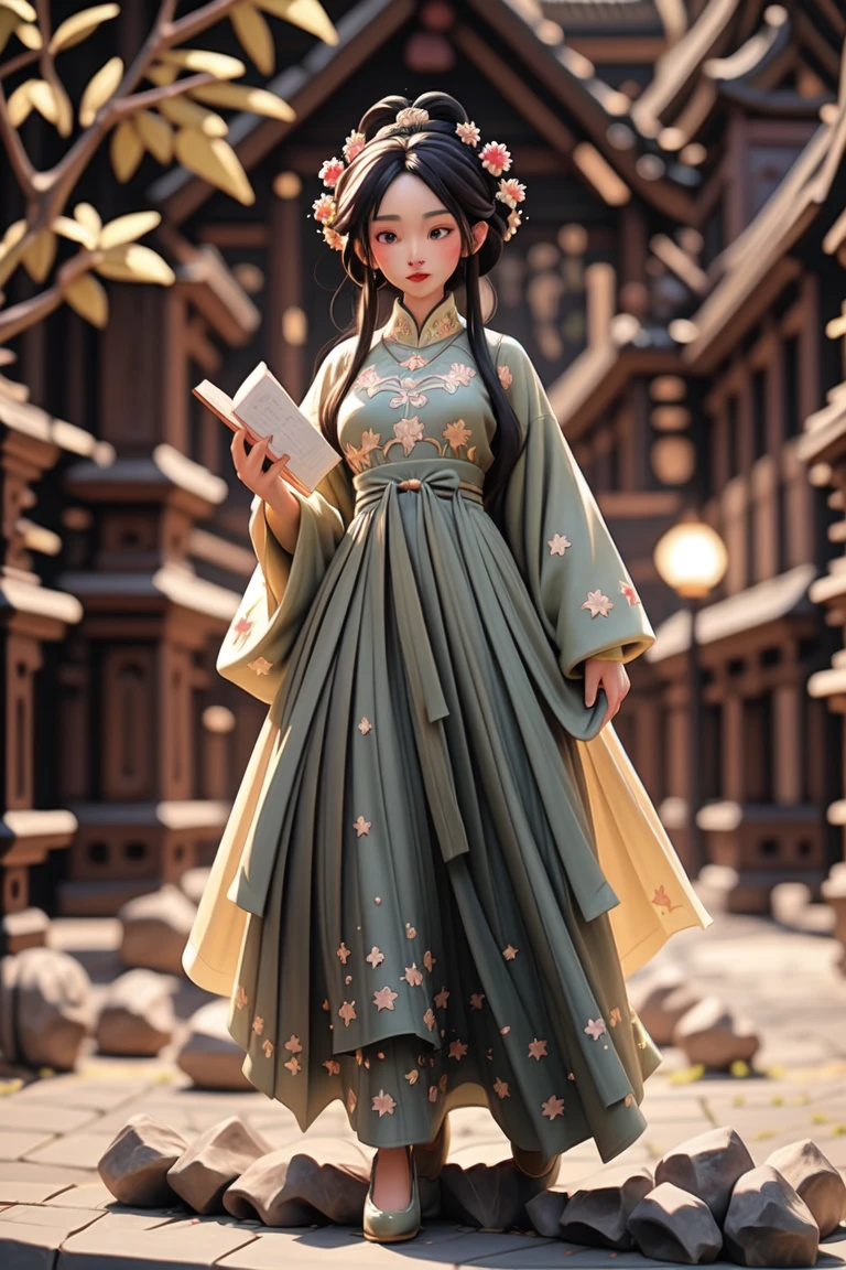 an epic colorful book cover of a 20th century young Blonde 20 year old Swedish witch, green eyes, and a black haired man wearing traditional chinese clothes , transported in Tang Dynasty times in ancient China, European face, Tang dynasty clothes, wearing colorful red hanfu, neutral expression, holding a shining magic book, in a palace room, masterpiece, best quality, trending on artstation, intricate details, eerie magical atmosphere, sparkles, epic background, Chinese palace in the background, magic sparkles, magical atmosphere