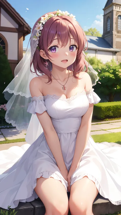 masterpiece, best quality, 1girl, solo, aichan, toujou nozomi, kinomoto sakura, breasts, wedding dress, off the shoulder, garden...