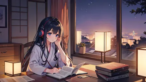 Beautiful girl studying in her room with headphones、
Warm lighting、Outside the room it is night、A pleasant breeze is blowing、Japanese anime style