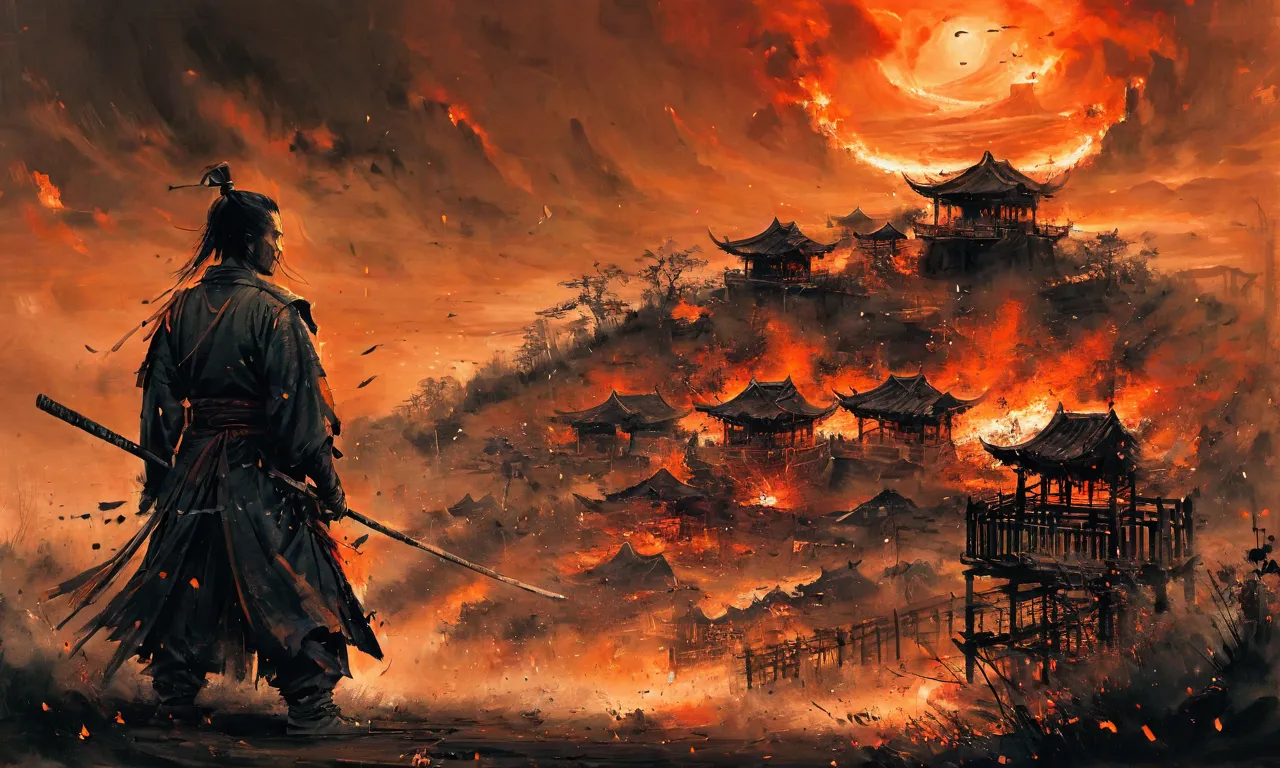 a samurai standing showing his back holding a katana who is going to free the prisoners, in the background there is a village bu...