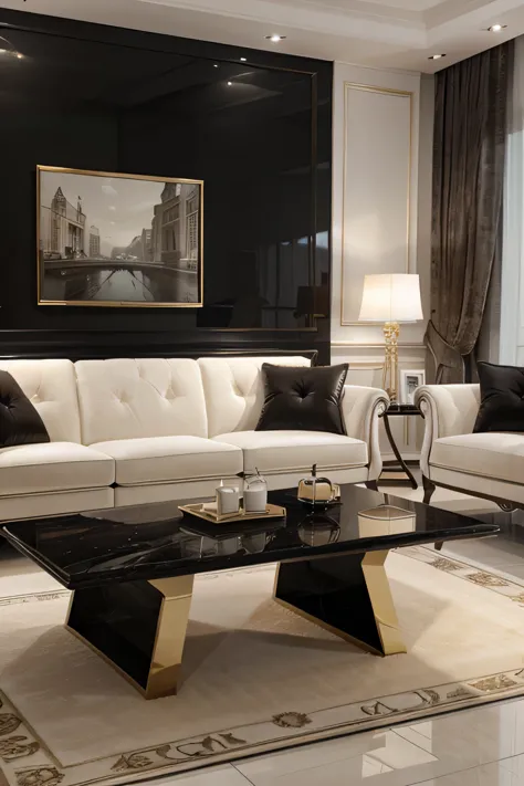 Professional 3D architecture rendering design of modern and French light cream velvet sofa with black slab stone middle table and high details and quality 