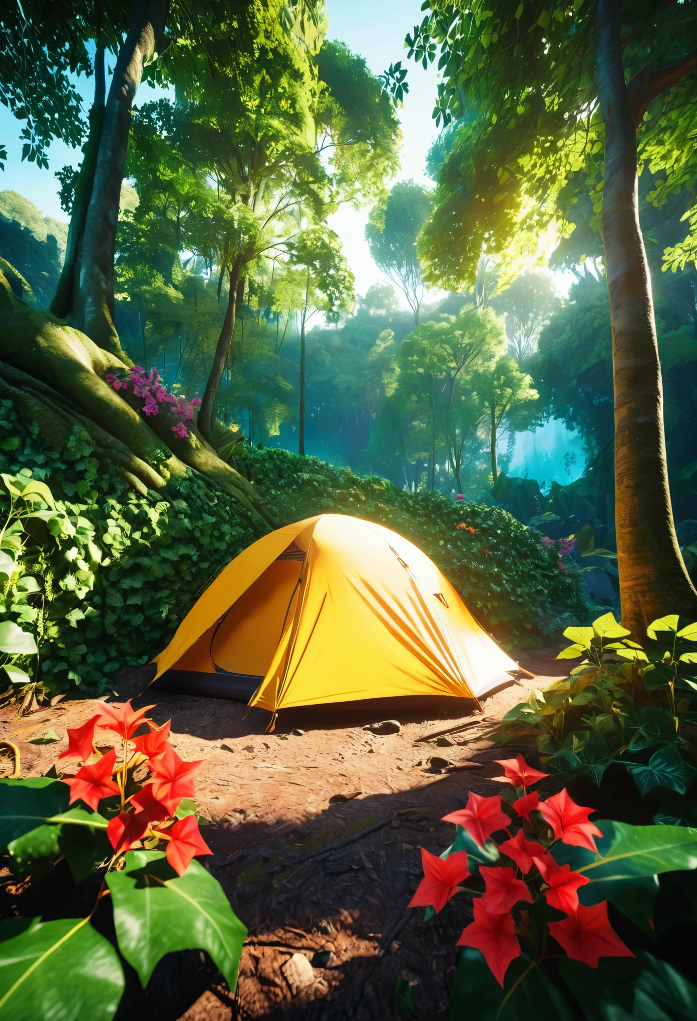 outdoor camping scene in deep forest, jungle explorer, detailed landscape, dramatic trees and flowers, sun light penetrating through trees, detailed tent, , deep forest backpack,ivy is tied to  trees , cinematic composition, vivid colors, (best quality,4k,8k,highres,masterpiece:1.2),ultra-detailed,(realistic,photorealistic,photo-realistic:1.37)