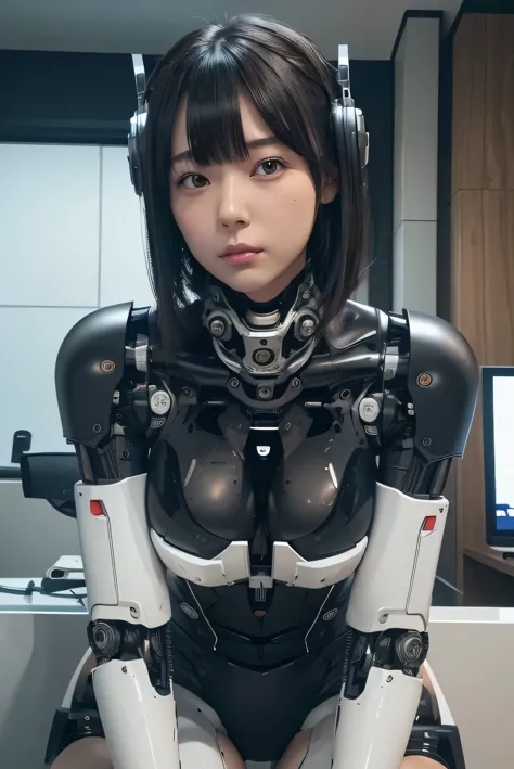 masterpiece, best quality, extremely detailed, (photorealistic:1.4), (RAW photo) (RAW photo) (8K, 4K, Best Quality, hight resolution, 超A high resolution:1.1), (masutepiece, Realistic, Photorealsitic:1.1), 1girl in, Japaese Cyborg girl,Plump , control panels,android,Droid,Mechanical Hand, Robot arms and legs, Black Robot Parts,Black hair,Mechanical body,Blunt bangs,White robotics parts,perfect robot girl,future information counter,reception,long tube,thick cable connected her neck,ceramic body ,mechanical body, ear antenna,mechanical ear cover, loose boots,mechanical costume,android,robot,humanoid,cyborg,information office,japanese android receptionist ,mechanical chest,full eyes,dark black tights
