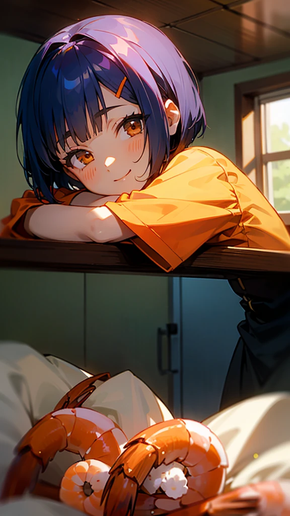 1 girl、Anime Images、Kitchen in the morning、Delicious food、shrimp、Shiny dark blue hair、Short Bob Hairstyles、Tie your hair with an orange hair clip、Beautiful brown eyes、smile、Upper body close-up、Sharp contours、Background Blur、Written boundary depth