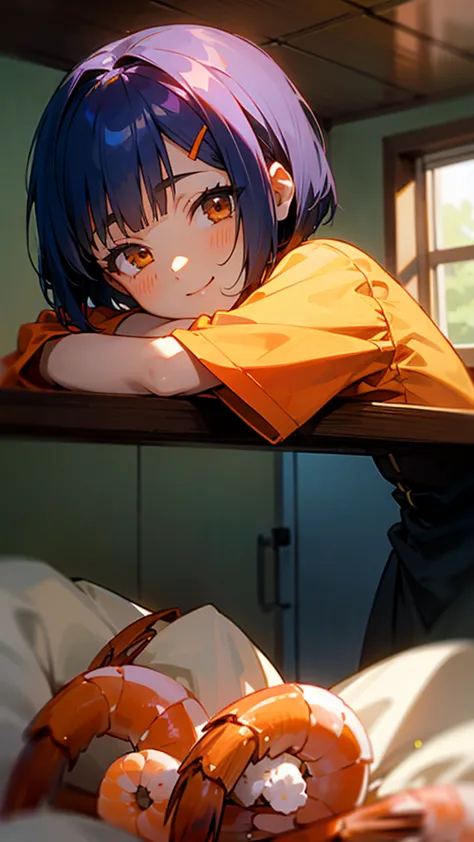 1 girl、Anime Images、Kitchen in the morning、Delicious food、shrimp、Shiny dark blue hair、Short Bob Hairstyles、Tie your hair with an...