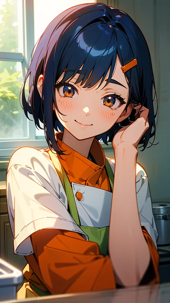 1 girl、Anime Images、Kitchen in the morning、Delicious food、shrimp、Shiny dark blue hair、Short Bob Hairstyles、Tie your hair with an orange hair clip、Beautiful brown eyes、smile、Upper body close-up、Sharp contours、Background Blur、Written boundary depth