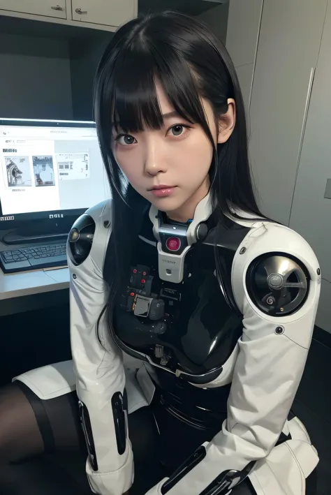masterpiece, best quality, extremely detailed, (photorealistic:1.4), (RAW photo) (RAW photo) (8K, 4K, Best Quality, hight resolution, 超A high resolution:1.1), (masutepiece, Realistic, Photorealsitic:1.1), 1girl in, Japaese Cyborg girl,Plump , control panels,android,Droid,Mechanical Hand, Robot arms and legs, Black Robot Parts,Black hair,Mechanical body,Blunt bangs,White robotics parts,perfect robot girl,future information counter,reception,long tube,thick cable connected her neck,ceramic body ,mechanical body, ear antenna,mechanical ear cover, loose boots,mechanical costume,android,robot,humanoid,cyborg,information office,japanese android receptionist ,mechanical chest,full eyes,dark black tights
