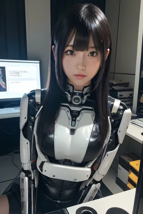 masterpiece, best quality, extremely detailed, (photorealistic:1.4), (RAW photo) (RAW photo) (8K, 4K, Best Quality, hight resolution, 超A high resolution:1.1), (masutepiece, Realistic, Photorealsitic:1.1), 1girl in, Japaese Cyborg girl,Plump , control panels,android,Droid,Mechanical Hand, Robot arms and legs, Black Robot Parts,Black hair,Mechanical body,Blunt bangs,White robotics parts,perfect robot girl,future information counter,reception,long tube,thick cable connected her neck,ceramic body ,mechanical body, ear antenna,mechanical ear cover, loose boots,mechanical costume,android,robot,humanoid,cyborg,information office,japanese android receptionist ,mechanical chest,full eyes,dark black tights