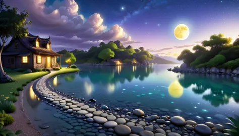 a beautiful calm and peaceful lagoon that reflects the brightness of the stars and moonlight, the stars and the moon have a yell...