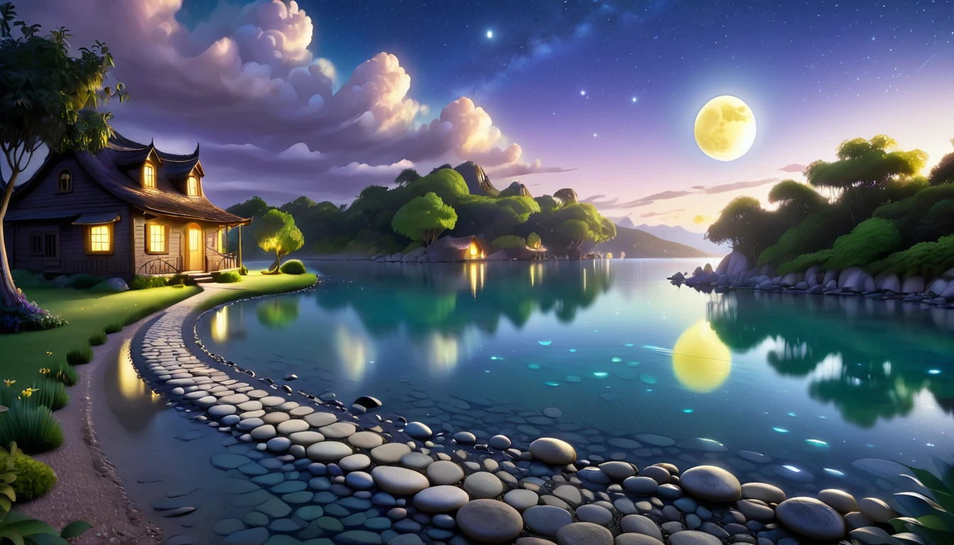 A beautiful calm and peaceful lagoon that reflects the brightness of the stars and moonlight, the stars and the moon have a yellow hue in a starry sky at the bottom of the lagoon cutting horizontally through the landscape we see a little road made of shiny pebbles that passes in front of the little house of a farm. disney pixar style