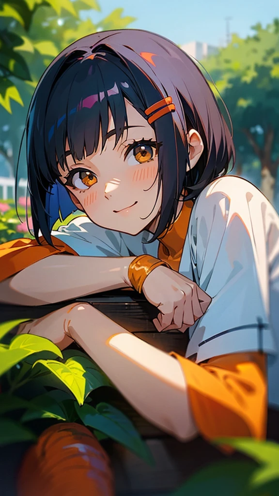 1 girl、Anime Images、shrimp、Shiny dark blue hair、Short Bob Hairstyles、Tie your hair with an orange hair clip、Beautiful brown eyes、smile、Upper body close-up、Outdoor、garden、Sharp contours、Background Blur、Written boundary depth