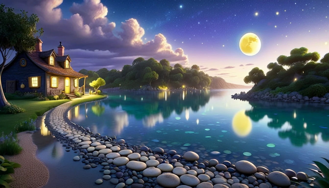 A beautiful calm and peaceful lagoon that reflects the brightness of the stars and moonlight, the stars and the moon have a yellow hue in a starry sky at the bottom of the lagoon cutting horizontally through the landscape we see a little road made of shiny pebbles that passes in front of the little house of a farm. disney pixar style