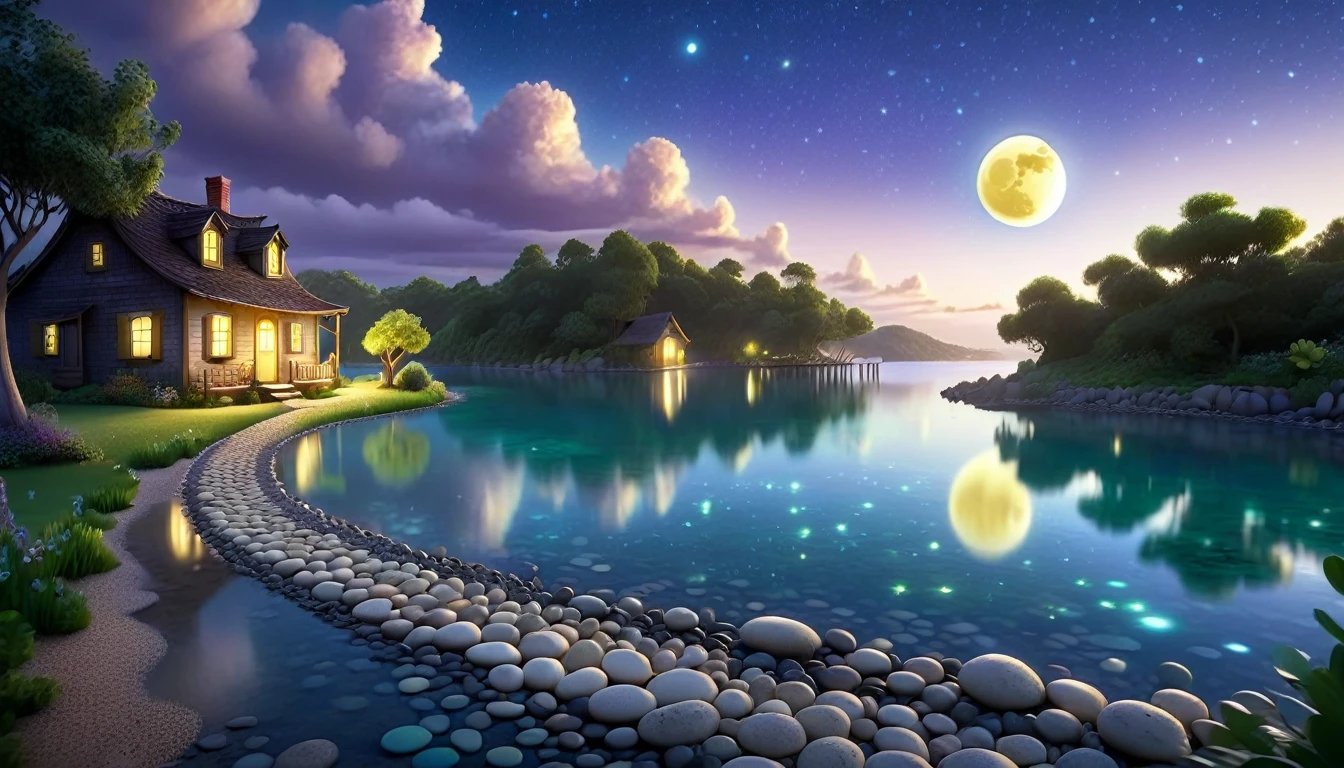 A beautiful calm and peaceful lagoon that reflects the brightness of the stars and moonlight, the stars and the moon have a yellow hue in a starry sky at the bottom of the lagoon cutting horizontally through the landscape we see a little road made of shiny pebbles that passes in front of the little house of a farm. disney pixar style