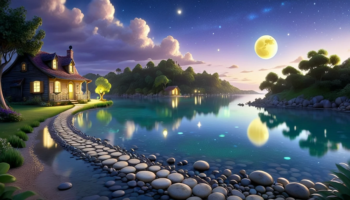 A beautiful calm and peaceful lagoon that reflects the brightness of the stars and moonlight, the stars and the moon have a yellow hue in a starry sky at the bottom of the lagoon cutting horizontally through the landscape we see a little road made of shiny pebbles that passes in front of the little house of a farm. disney pixar style