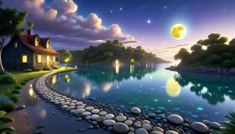 a beautiful calm and peaceful lagoon that reflects the brightness of the stars and moonlight, the stars and the moon have a yell...