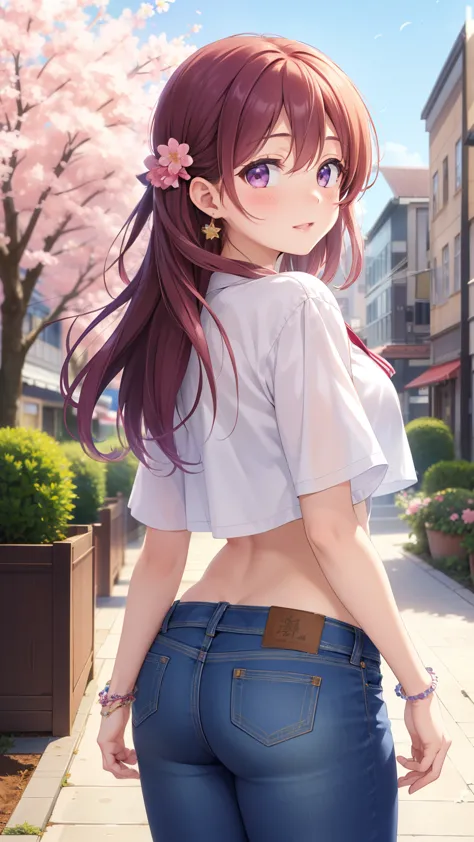 masterpiece, best quality, 1girl, solo, aichan, toujou nozomi, kinomoto sakura, breasts, crop top, garden, city, jewelry, jeans,...