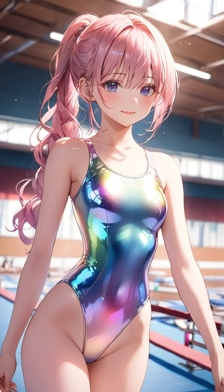 altoquality illustration, obra maestra, muy delicado y hermoso, Muchacha atractiva,(Leotardo de gimnasia,maillot de manga larga con decoración brillante,alto_leg leotard,leotardo atlético,leotardo ajustado,iridescent gradient leotard,leotardo de manga larga),delgado,Cuerpo delgado,delgado,alto school,fondo del gimnasio,club de gimnasia,atleta de gimnasia,Princesa, Ojos bonitos,sonrisa ligera,(obra maestra, mejor calidad:1.2), altores, Fondo de pantalla CG unity 8k extremadamente detallado, Iluminación perfecta, vistoso, ultra-alto res,4k,ultra detallado, fotografía, 8K, hdr, s,tiro de vaquero,