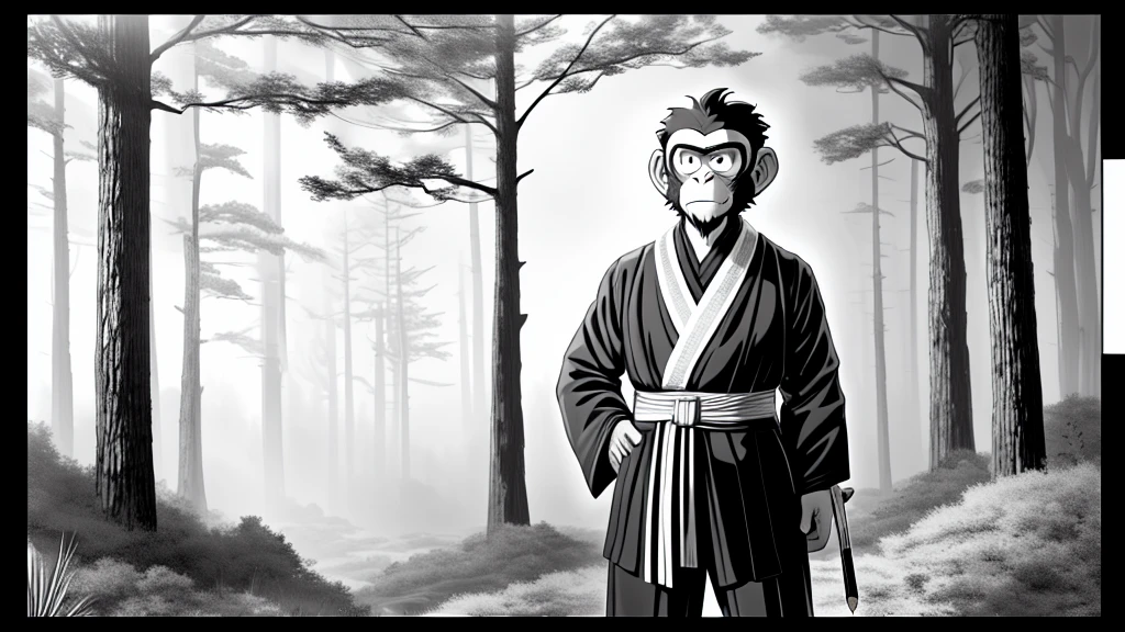 ((Masterpiece, high quality, best graphics, high definition, high definition, 4k)), old photo, vintage photo, 1 Monkey boy, (Solo), (((monkey ears, monkey tail))), ((upper body)), Wooden Katana in right hand, old samurai suit, old samurai pants, (ribbon on waist), wooden sandals, looking away, standing, (((monochrome, grayscale, pencil style, old movie style, noise, VHS movie, anime style))), (forest background, trees, tree shadow, grass, (((Saru to kani no Gassen anime 1917 style))).