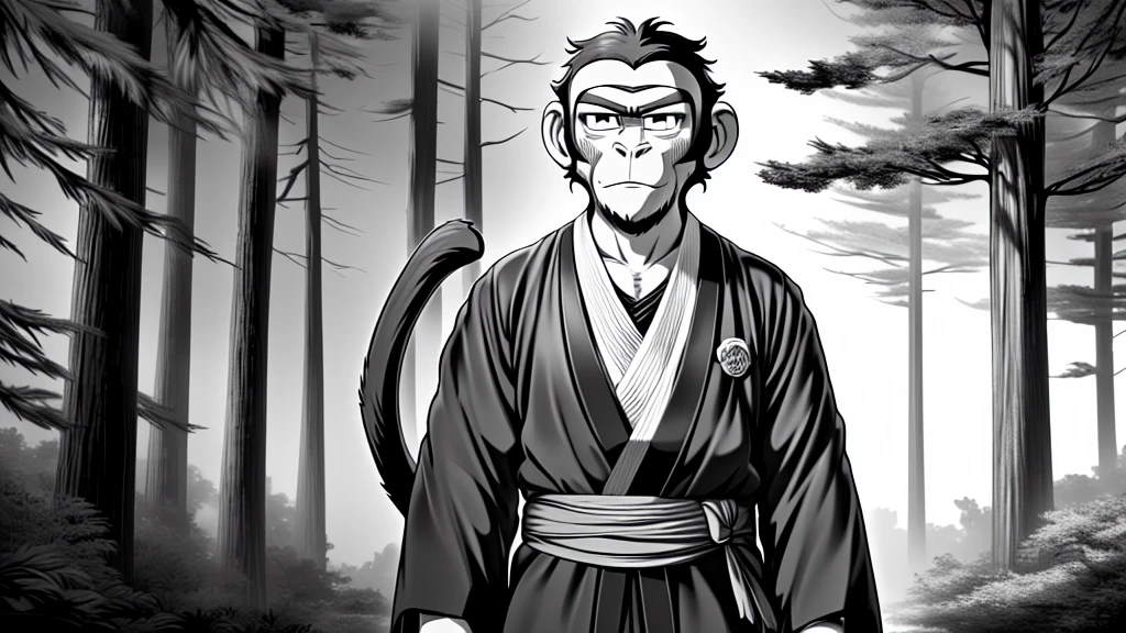 ((Masterpiece, high quality, best graphics, high definition, high definition, 4k)), old photo, vintage photo, 1 Monkey boy, (Solo), (((monkey ears, monkey tail))), ((upper body)), Wooden Katana in right hand, old samurai suit, old samurai pants, (ribbon on waist), wooden sandals, looking away, standing, (((monochrome, grayscale, pencil style, old movie style, noise, VHS movie, anime style))), (forest background, trees, tree shadow, grass, (((Saru to kani no Gassen anime 1917 style))).