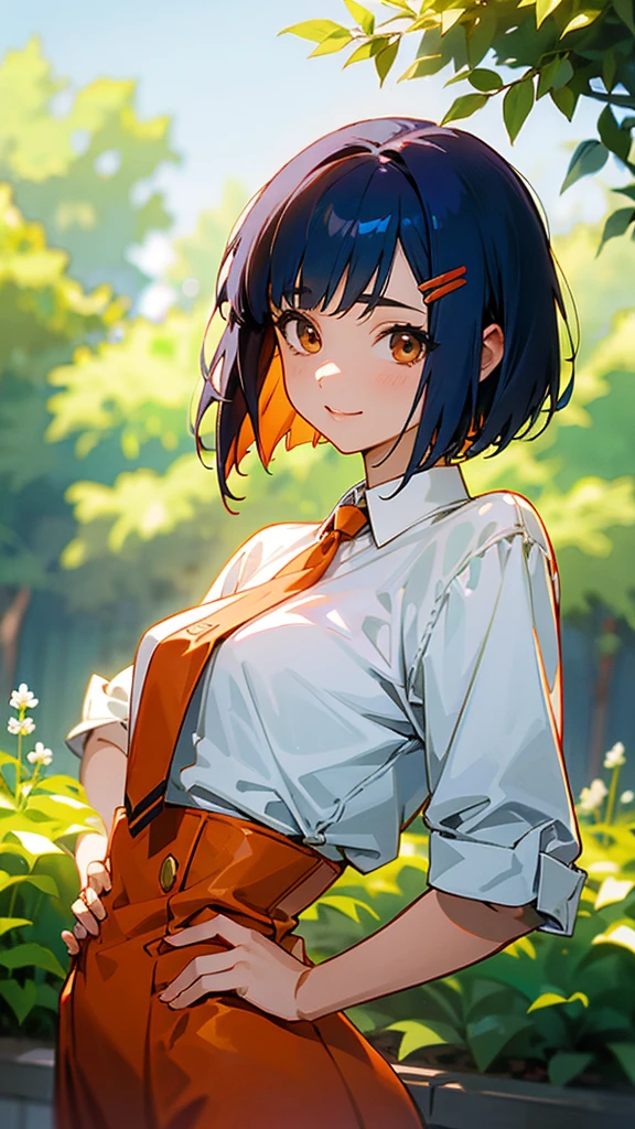 1 girl、Anime Images、shrimp、Shiny dark blue hair、Short Bob Hairstyles、Tie your hair with an orange hair clip、Beautiful brown eyes、smile、Upper body close-up、Stand with hands on hips、garden、Sharp contours、Background Blur、Written boundary depth