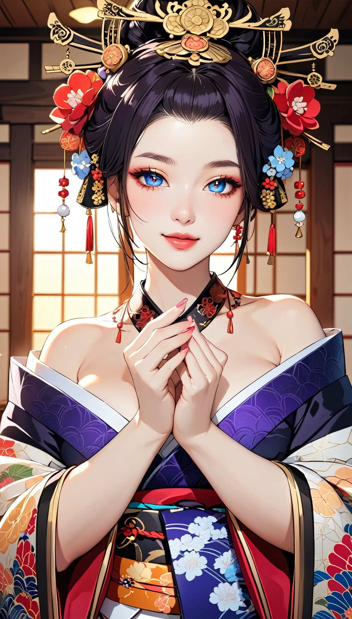 (masterpiece,Highest quality,High resolution,Highest quality,Super detailed),8k,wallpaper,An illustration,Japan,Kyoto,1 female,A beautiful courtesan is standing in the room,((Looking at me)),((smile)),((A dreamy look)),(((Beautiful Face,Detailed face,Beautiful Eyes,Sparkling Eyes,Beautiful Nose,Pretty lips,Glowing Skin))),(((Beautiful Skin))),(Glowing Skin),(((Hand,detailed,perfect.perfection,hands))),(((Beautiful female hands,Detailed hands))),(Close-up of face:1.6),((Oiran Room))