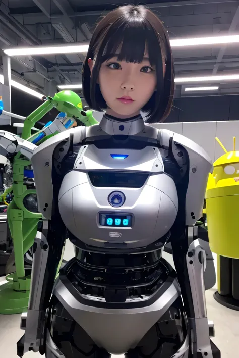 masterpiece, best quality, extremely detailed, Japaese android girl,portrait,Plump,a bit chubby,control panels,android,Droid,Mechanical Hand, Robot arms and legs, Black hair,Blunt bangs,perfect robot girl,long tube,thick cable connected her neck,android,robot,humanoid,cyborg,japanese cyborg girl ,robot-assembly plant,She is assembling now,assembly scene,camera eyes,chest monitor