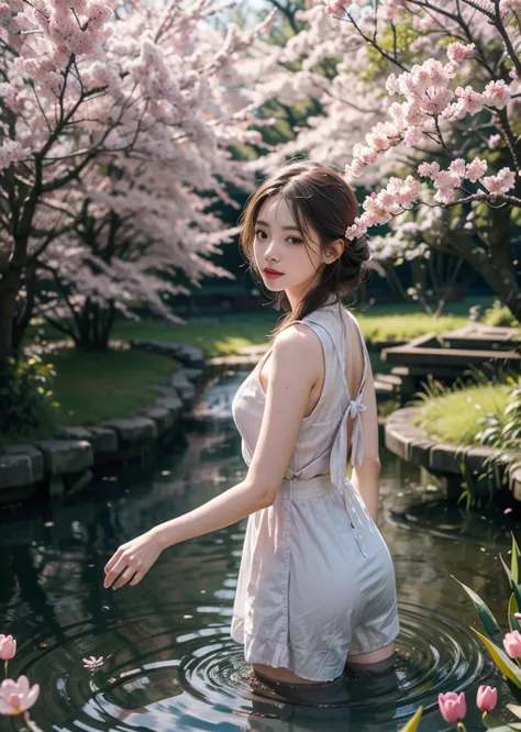 A girl standing by a pond in the forest、There are many cherry blossom trees around the pond.、The cherry blossoms are in full blo...