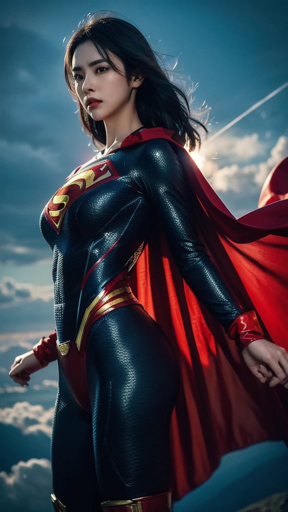 Mulher vestindo traje detalhado do SuperMan com mangas cheias cobrindo todo o corpo, Cabelo preto curto, cara séria, (voando no céu), cores vivas, iluminação dramática, capa vermelha, cinematic costume, terno detalhado de fibra de carbono,