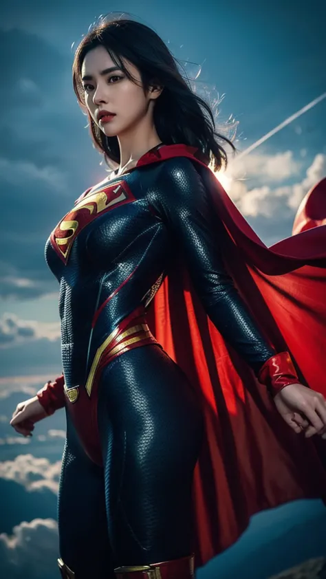 Woman wearing detailed SuperMan costume with full sleeves covering the entire body, short black hair, serious face, (flying in s...