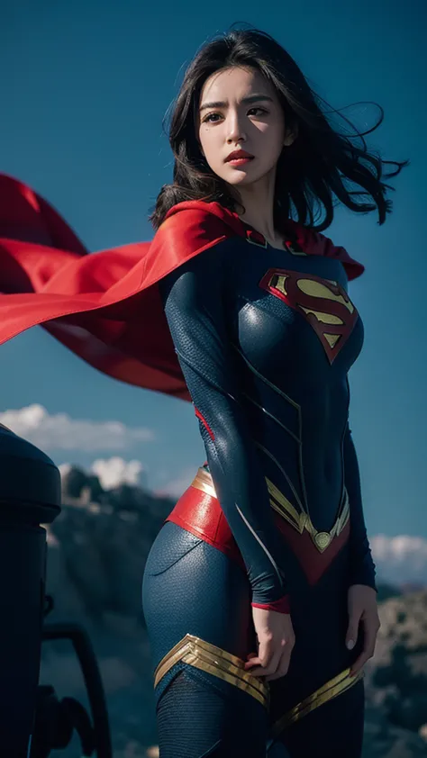 Woman wearing detailed SuperMan costume with full sleeves covering the entire body, short black hair, serious face, (flying in s...