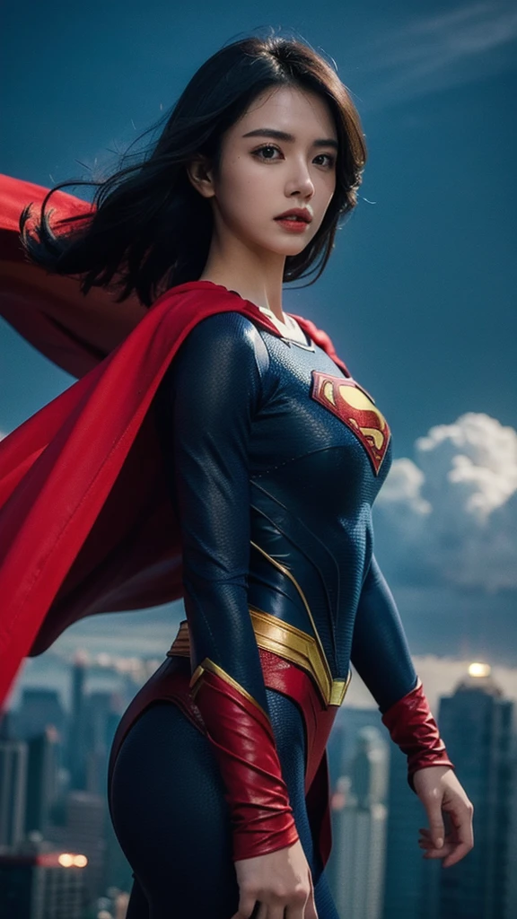 Mujer con un traje detallado de SuperMan con mangas completas que cubren todo el cuerpo, Pelo negro corto, cara seria, (volando en el cielo), colores vívidos, iluminación dramática, capa roja, Vestuario cinematográfico, Traje detallado de fibra de carbono,