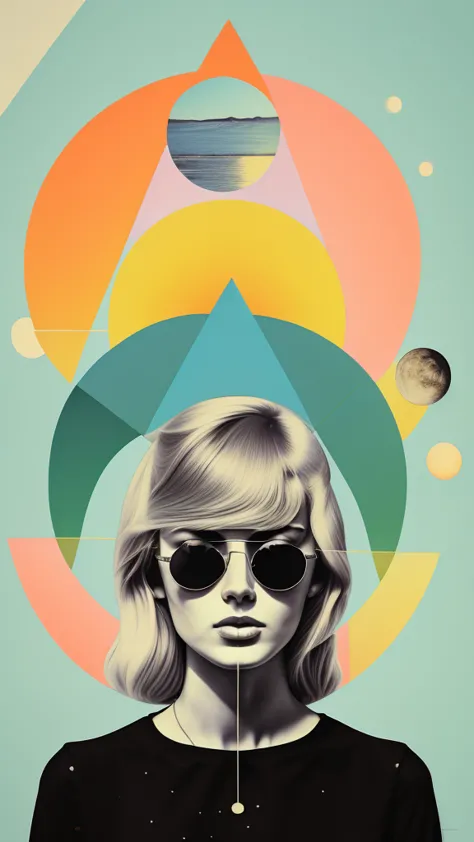 there is a triangle and a crescent moon above his head.、one blonde european woman wearing sunglasses with green circles on light...