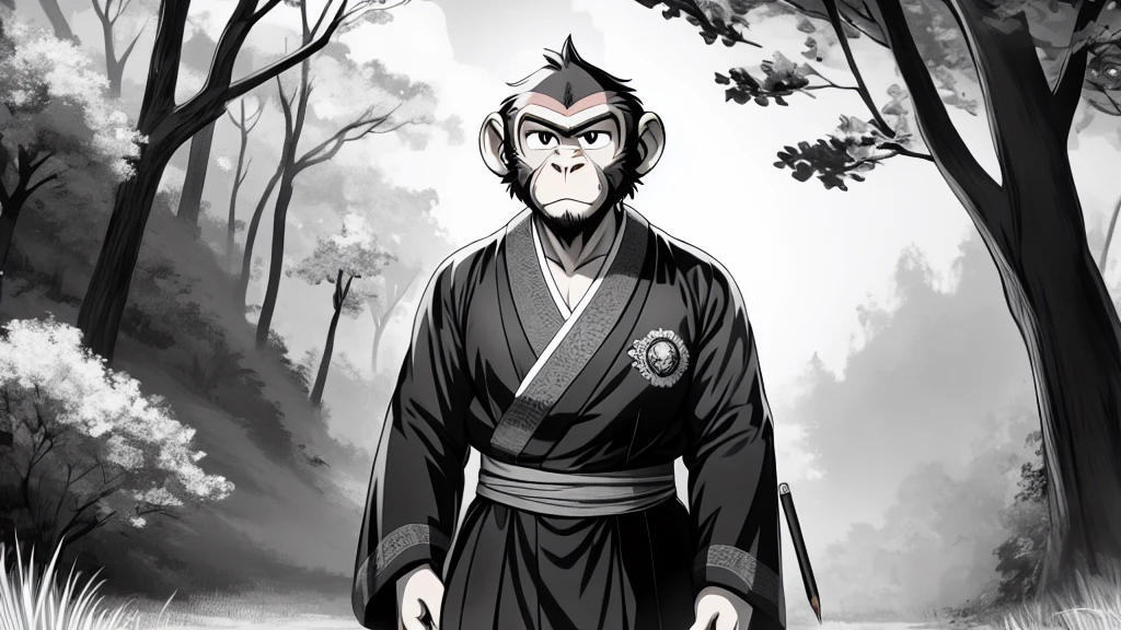 ((Masterpiece, high quality, best graphics, high definition, high definition, 4k)), old photo, vintage photo, 1 Monkey boy, (Solo), (((monkey ears, monkey tail))), ((upper body)), Wooden Katana in right hand, old samurai suit, old samurai pants, (ribbon on waist), wooden sandals, looking away, standing, (((monochrome, grayscale, pencil style, old movie style, noise, VHS movie, anime style))), (forest background, trees, tree shadow, grass, (((Saru to kani no Gassen anime 1917 style))).