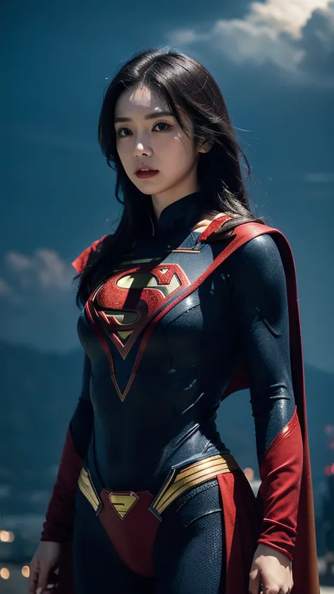 woman wearing detailed superman costume with full sleeves covering the entire body, short black hair, serious face, (flying in s...