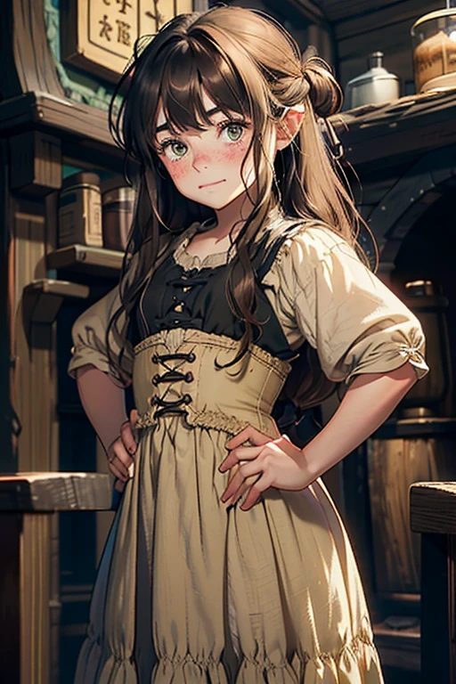 One , The Hobbit, Very short stature, ((Long messy hair)), ((Brown Hair)), Dark green eyes, ((bangs)), Small ears, freckles, Thick eyebrows, Beige sleeves, Tired eyes, blush, Mischievous, , ((Long beige dress)), (Black corset), ((Conceit)), evil, Izakaya background, Hands on hips