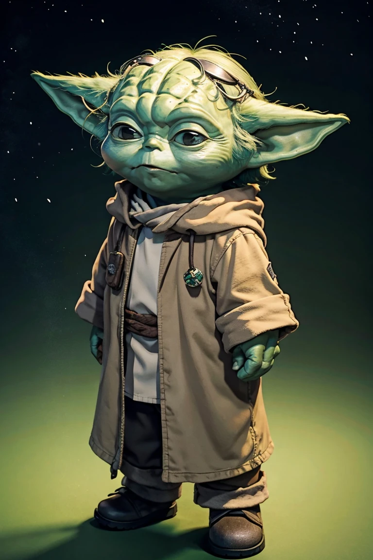 Yoda baixo com uma cabeça cheia de cabelos grossos e desgrenhados