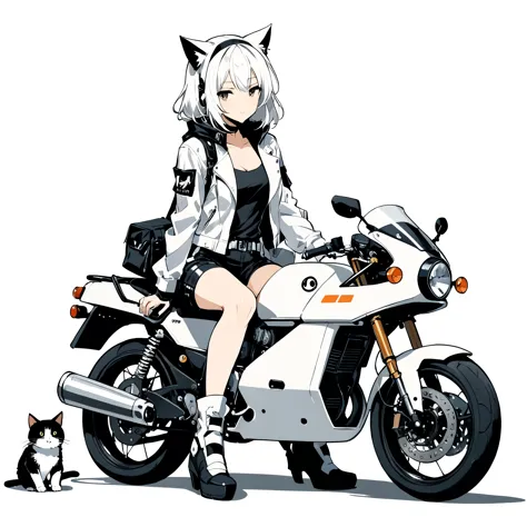 in style of Ashley Wood,
1girl,white_background,street costumes,squatting next to a cute appearance motorcycle,there was a cat lying on the cute appearance motorcycle,white_background,minimalist cartoon style,from_side,medium_shot,
