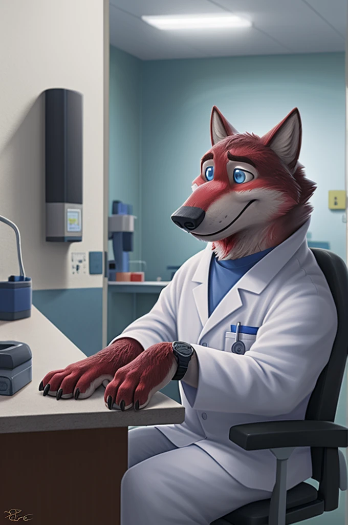 Joachim Wolfbach (Zootopia),tall handsome, wolf,young, 24 years, brown fur,(red body:1.3),Blue eyes, Moscow Dressed, in a medical gown, surgical form, cardiac surgeon,canine, wolf, detailed fur, Male, antro, paw pads, finger claws,Prays, at viewer, 5 fingers, paws, 5 fingers, smile, happy, sitting in the office , wrist watch,green stethoscope, т nextel, sitting at home in the blood laboratory, by xenoforge, (difficult, high detail, digital, photo, soft focus, RAW, dct doctor, hospital, Kids toys, expecting children, 13 детская hospital, operating, 
photorealism, realistic, photorealistic, analog style, subsurface scattering, blood laboratory, draws blood from a finger, 
masterpiece, Best quality, ultra realistic, 8 K)